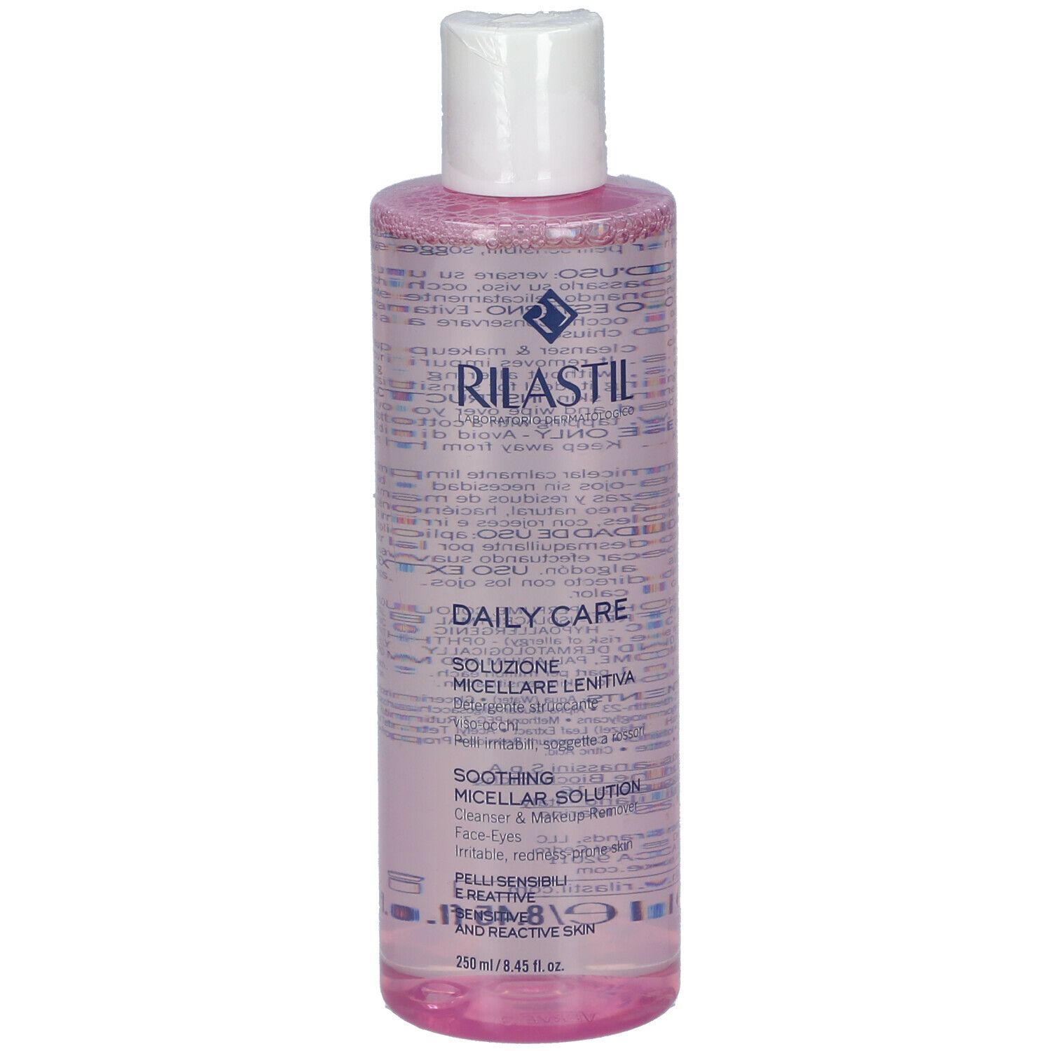 Rilastil Daily Care. Bottiglia con tappo bianco e liquido rosa. Scritta: Daily Care, soluzione micellare. 250 ml.