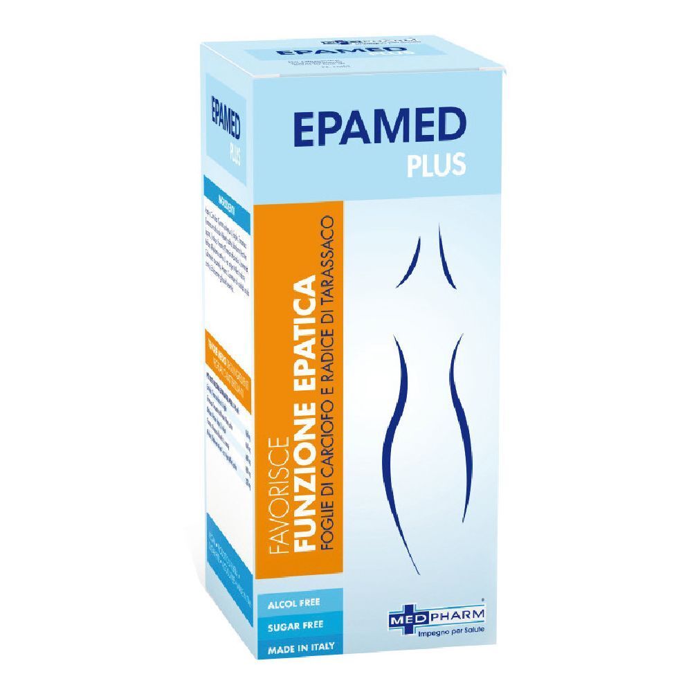 Scatola con stampa del prodotto. Testo: EPAMED PLUS, Favorisce Funzione Epatica, logo Medpharm. Senza alcool e senza zucchero.