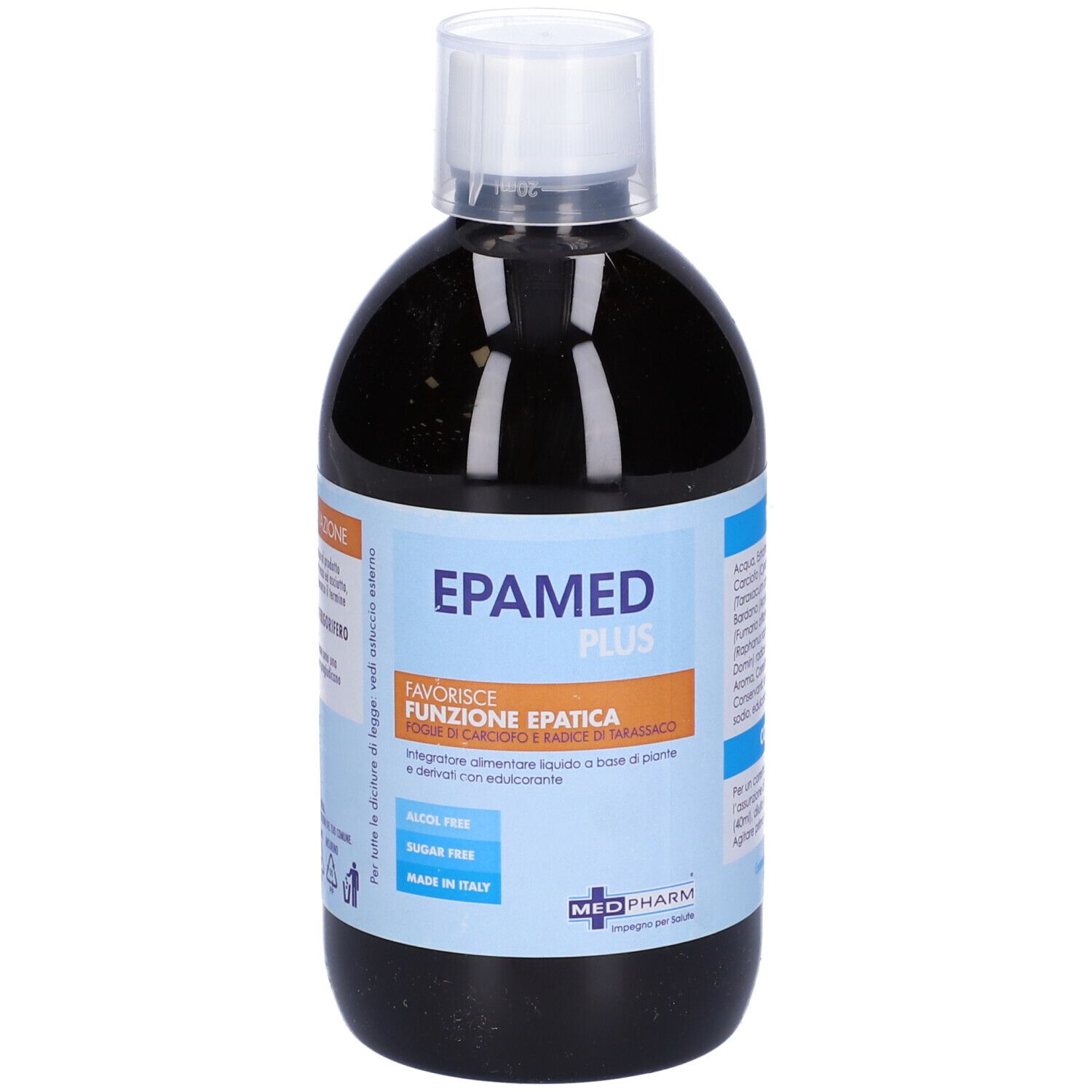 Liquido marrone in bottiglia con tappo bianco. Stampa: EPAMED PLUS, Favorisce Funzione Epatica. Senza alcool e senza zucchero.
