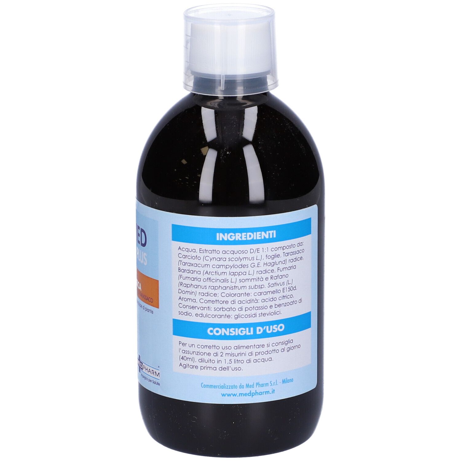 Bottiglia con liquido marrone. Testo: Ingredienti, componenti, consigli per l'uso, 500 ml.