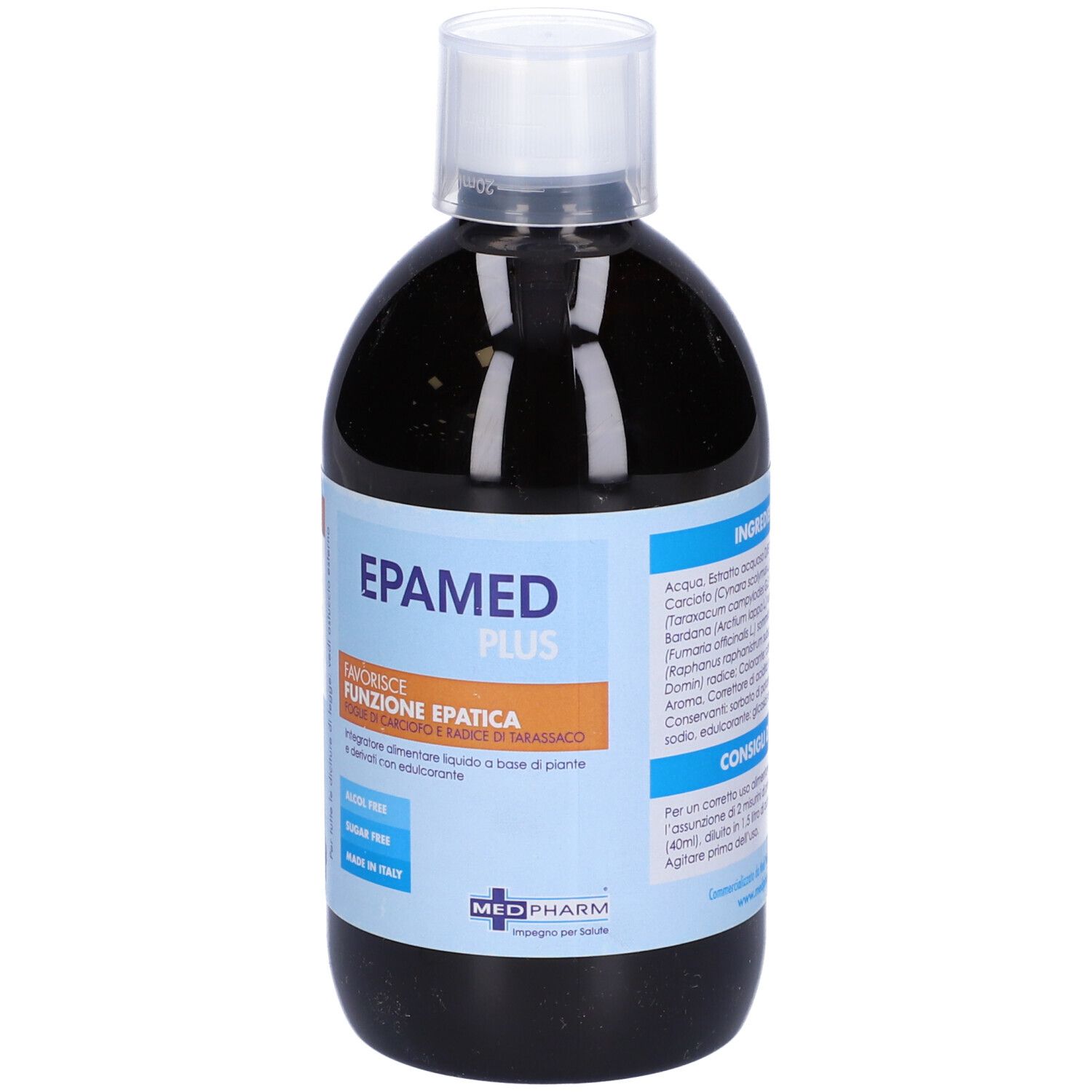 Bottiglia con liquido marrone. Testo: EPAMED PLUS, Favorisce Funzione Epatica, logo Medpharm. Senza alcool e senza zucchero.