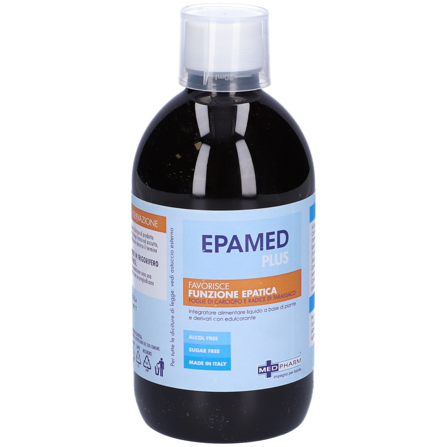 Bottiglia con liquido marrone. Testo: EPAMED PLUS, Favorisce Funzione Epatica, logo Medpharm. Senza alcool e senza zucchero.
