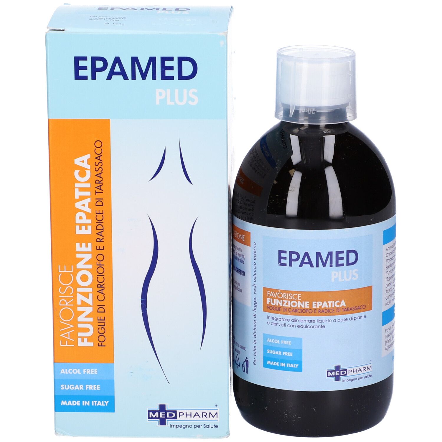 Bottiglia e scatola. Testo: EPAMED PLUS, Favorisce Funzione Epatica, logo Medpharm. Senza alcool e senza zucchero.