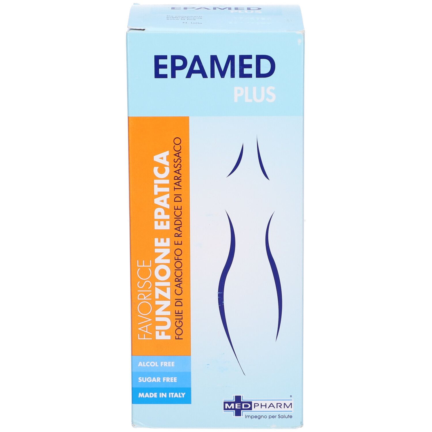Scatola. Testo: EPAMED PLUS, Favorisce Funzione Epatica, logo Medpharm. Senza alcool e senza zucchero.