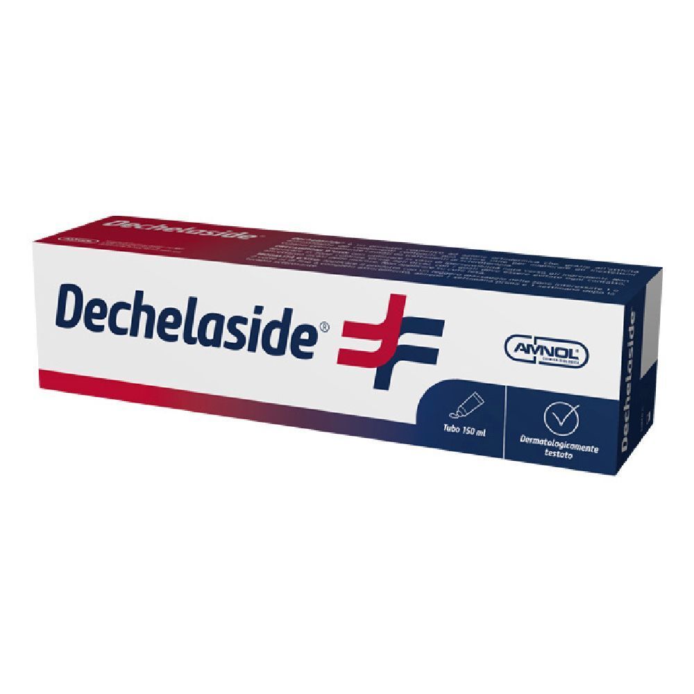 Confezione di Dechelaside. Bianca, rossa e blu. Testo: Dechelaside, 150 ml, dermatologicamente testato. Logo.