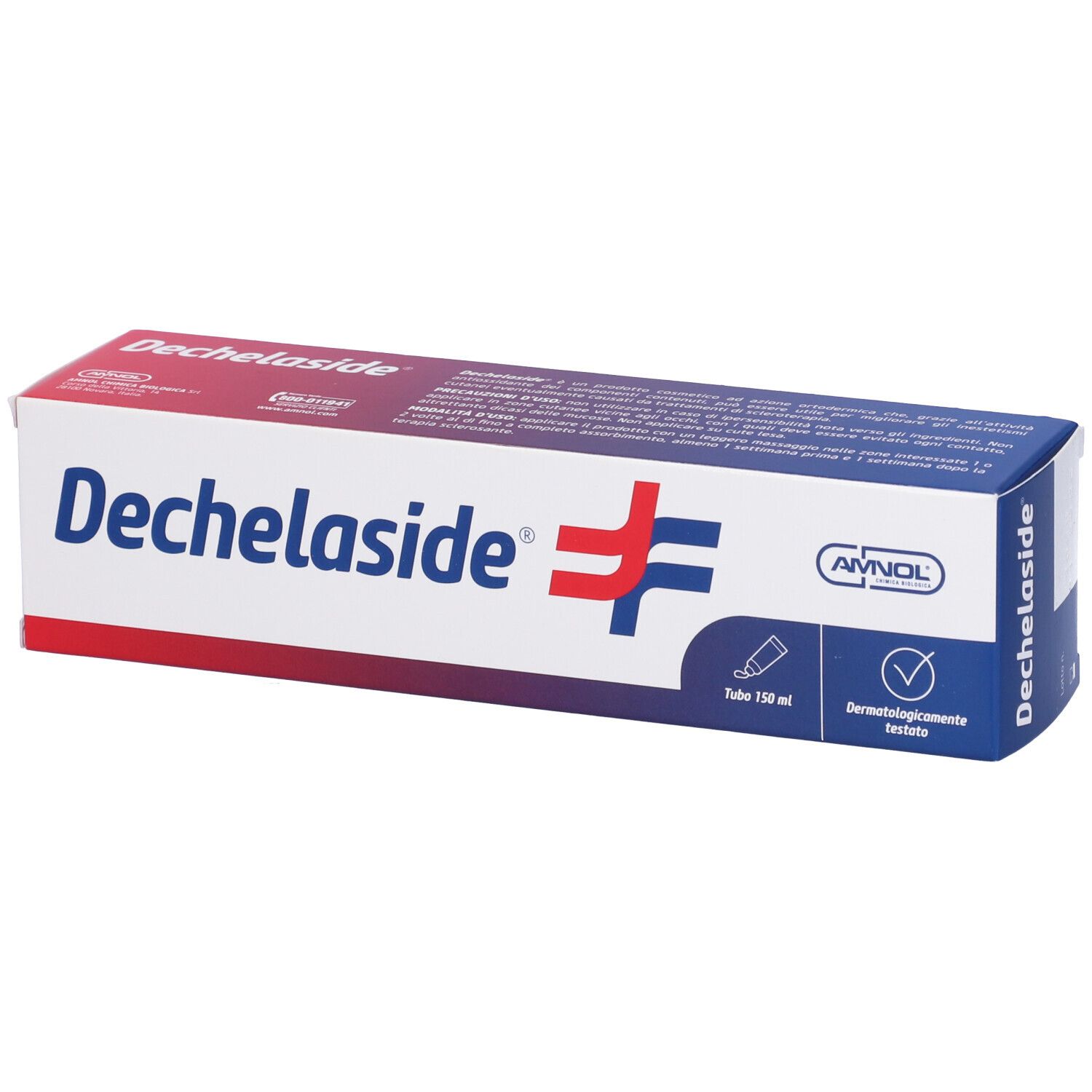 Confezione Dechelaside. Bianca, rossa e blu. Testo: Dechelaside, 150 ml, dermatologicamente testato. Logo.