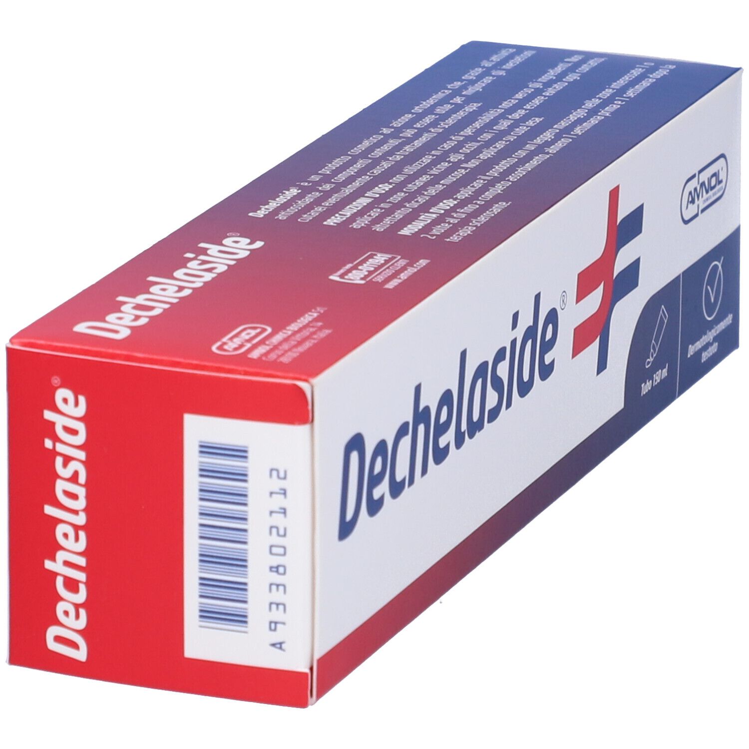 Confezione Dechelaside. Bianca, rossa e blu. Testo: Dechelaside, 150 ml, dermatologicamente testato. Logo.