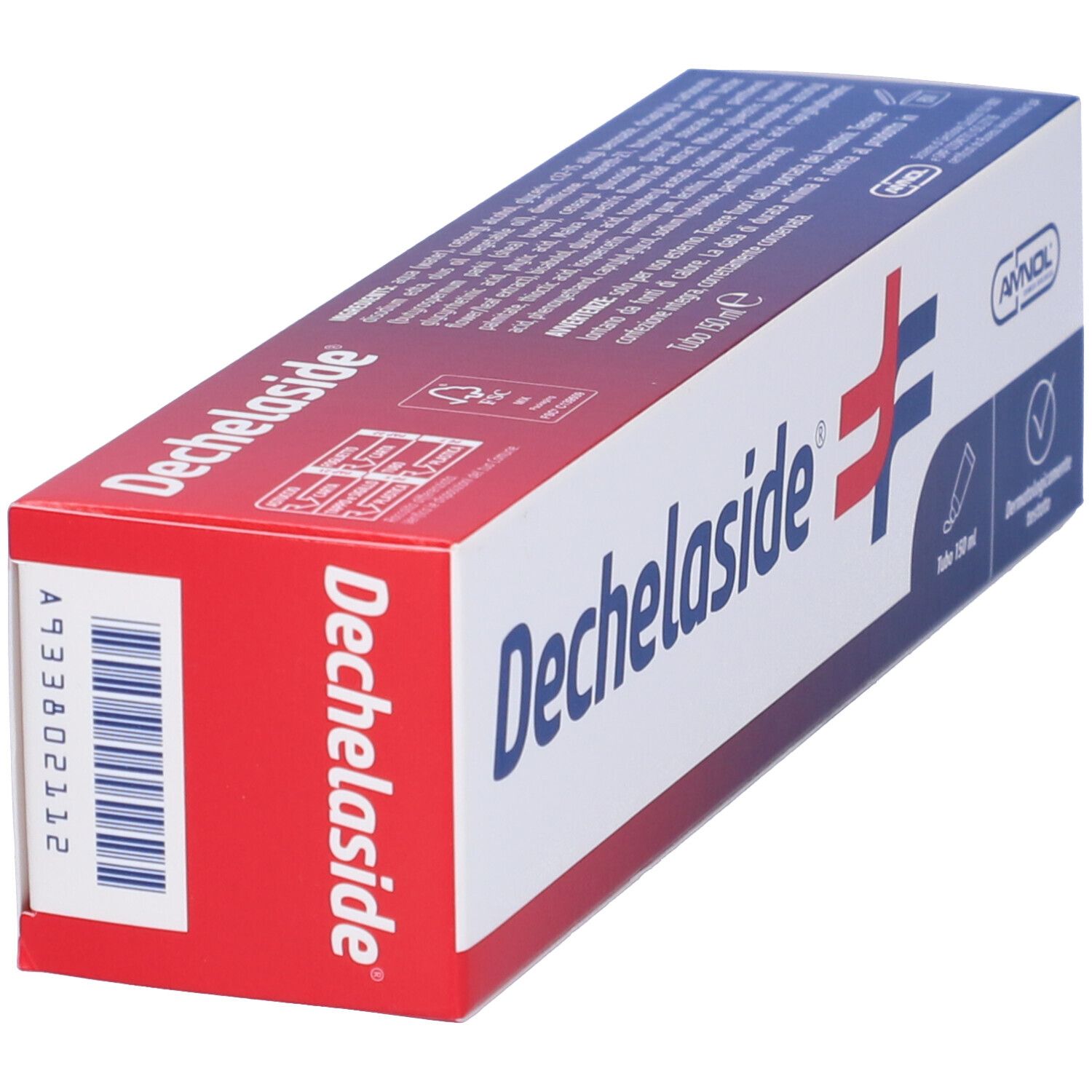 Confezione Dechelaside. Bianca, rossa e blu. Testo: Dechelaside, 150 ml, dermatologicamente testato. Logo.