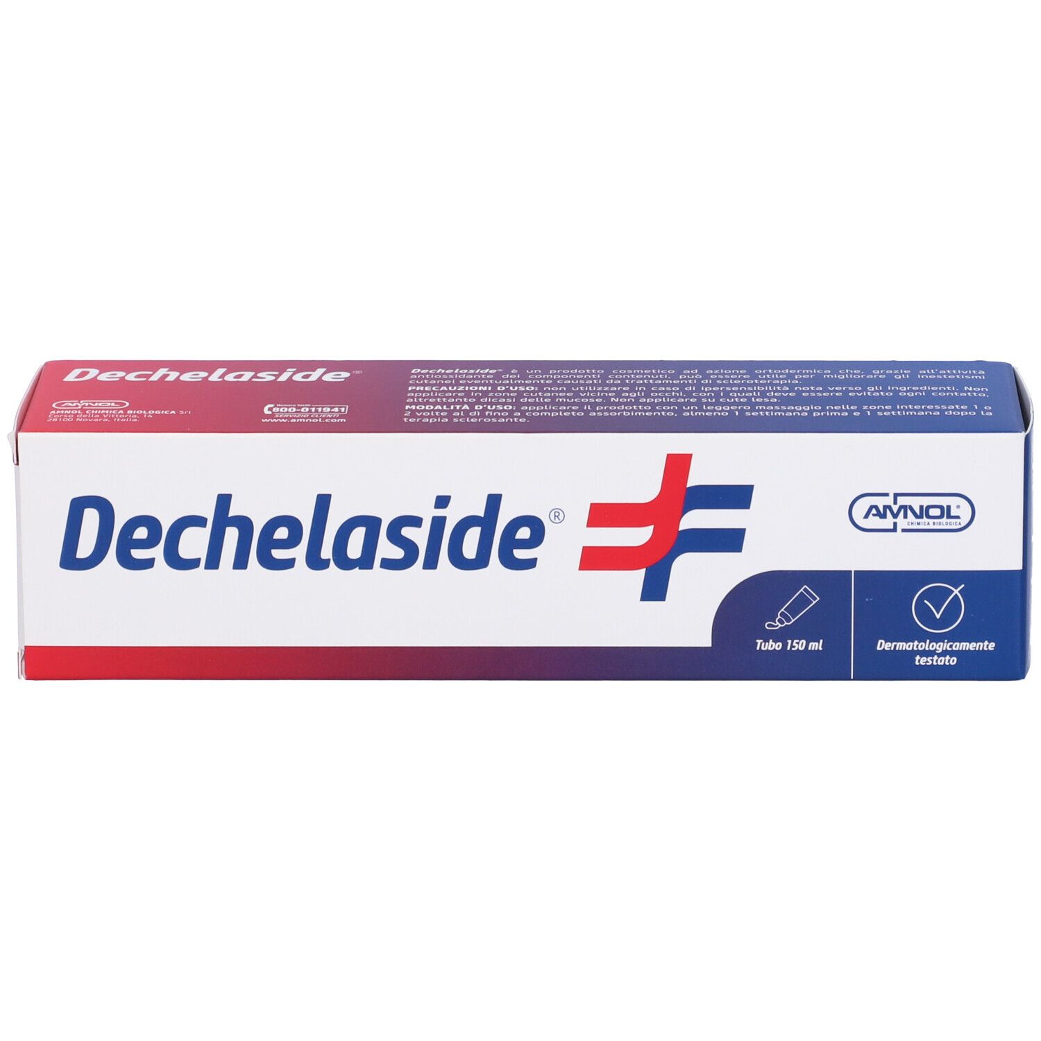 Confezione Dechelaside. Bianca, rossa e blu. Testo: Dechelaside, 150 ml, dermatologicamente testato. Logo.