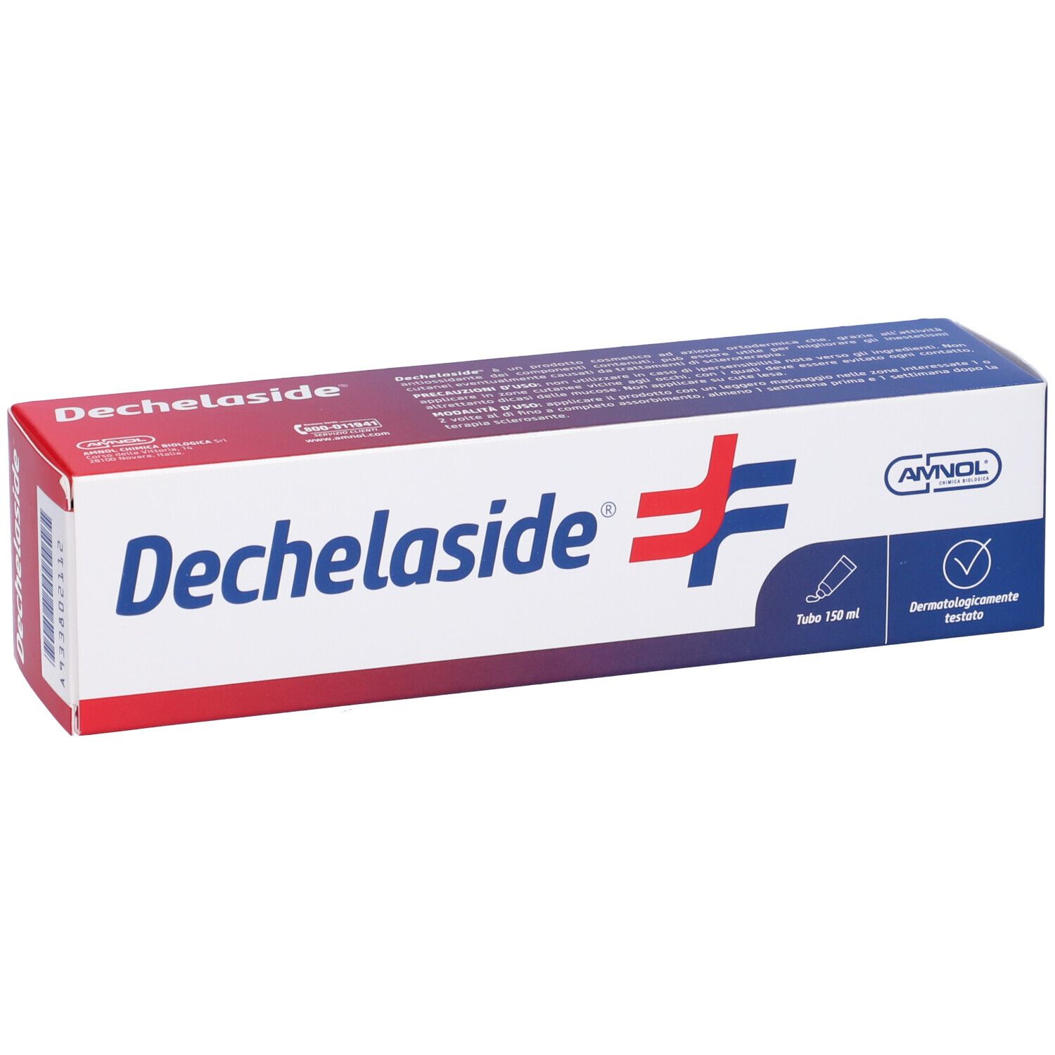 Confezione Dechelaside. Bianca, rossa e blu. Testo: Dechelaside, 150 ml, dermatologicamente testato. Logo.