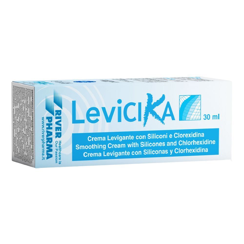 Scatola con nome del prodotto e indicazione 30 ml. Confezione blu e bianca. Testo: Crema Levigante.