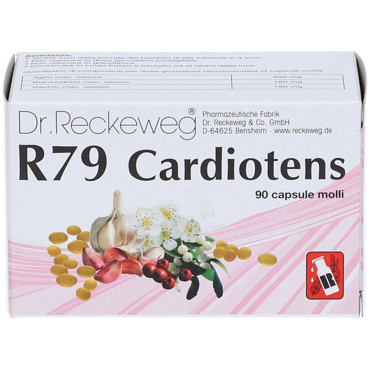 Scatola "Dr. Reckeweg R79 Cardiotens". Immagine di aglio, fiori e bacche. 90 capsule molli.