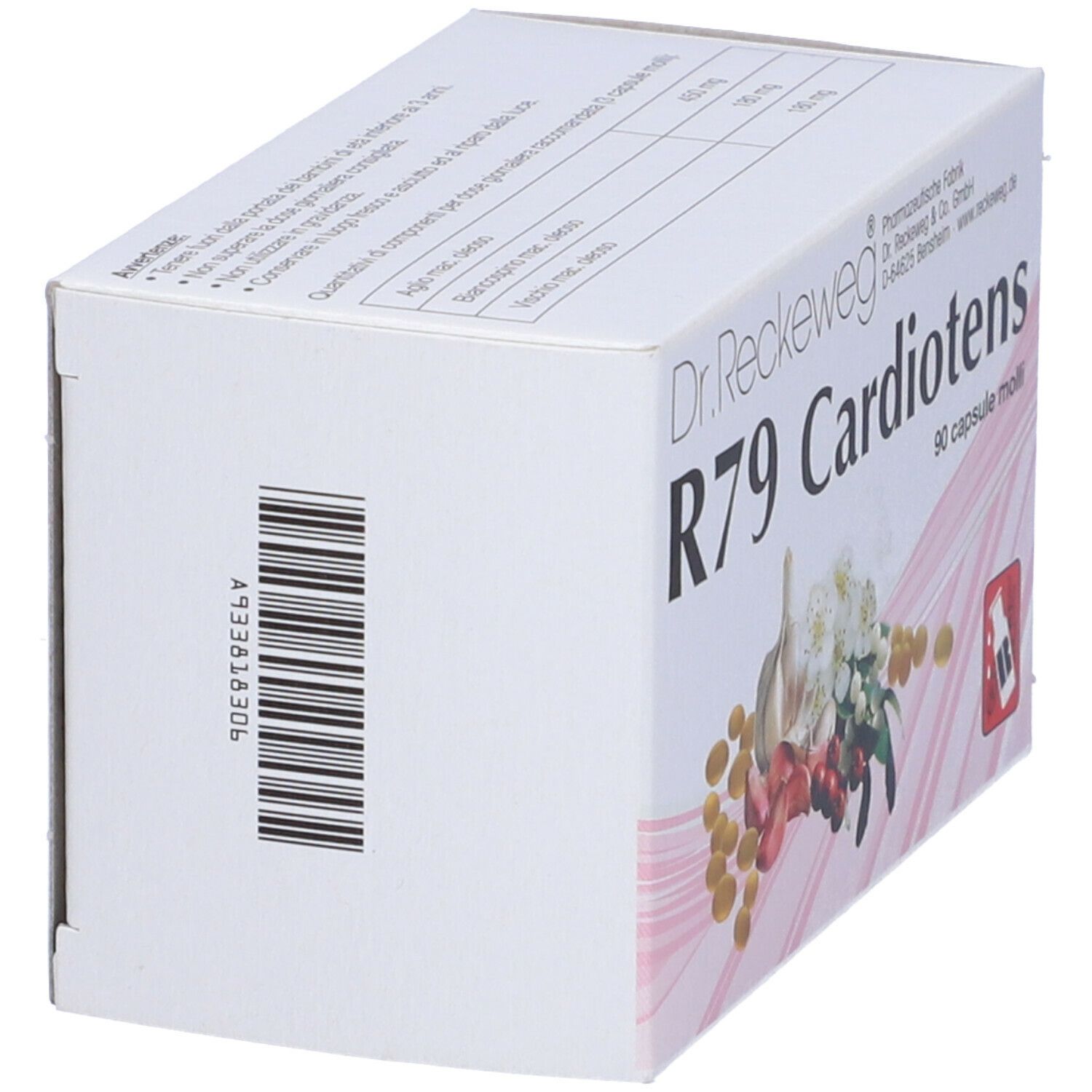 Scatola "Dr. Reckeweg R79 Cardiotens". Vista laterale con codice a barre. Testo e logo.