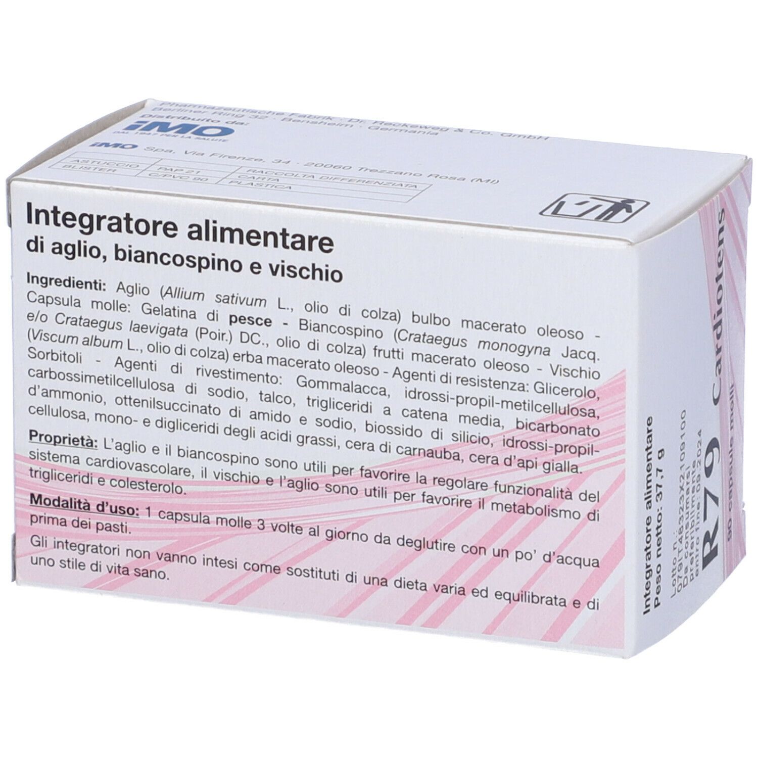 Scatola "Integratore alimentare di aglio, biancospino e vischio". Elenco ingredienti e istruzioni.