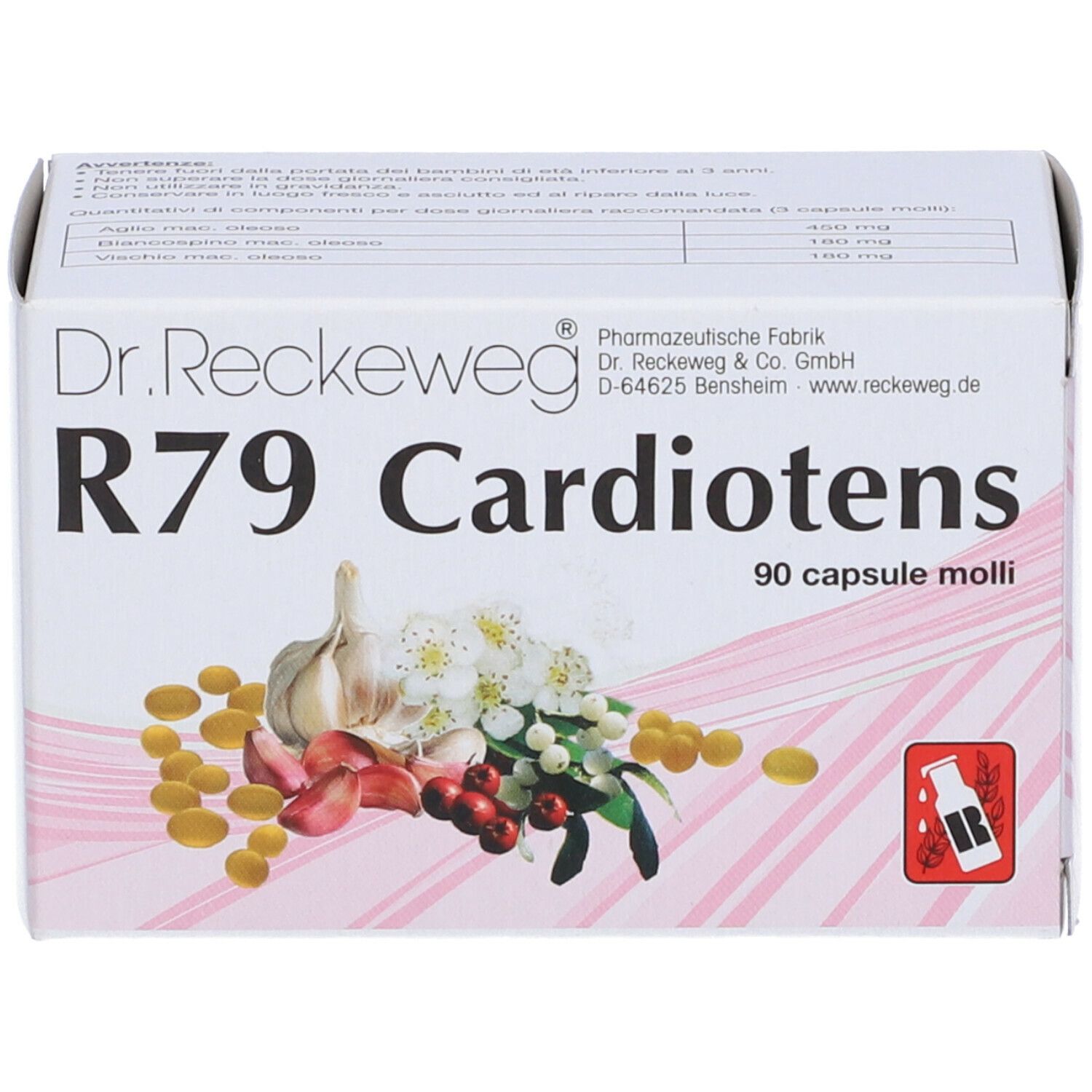 Scatola "Dr. Reckeweg R79 Cardiotens". Immagine di aglio, fiori e bacche. 90 capsule molli.