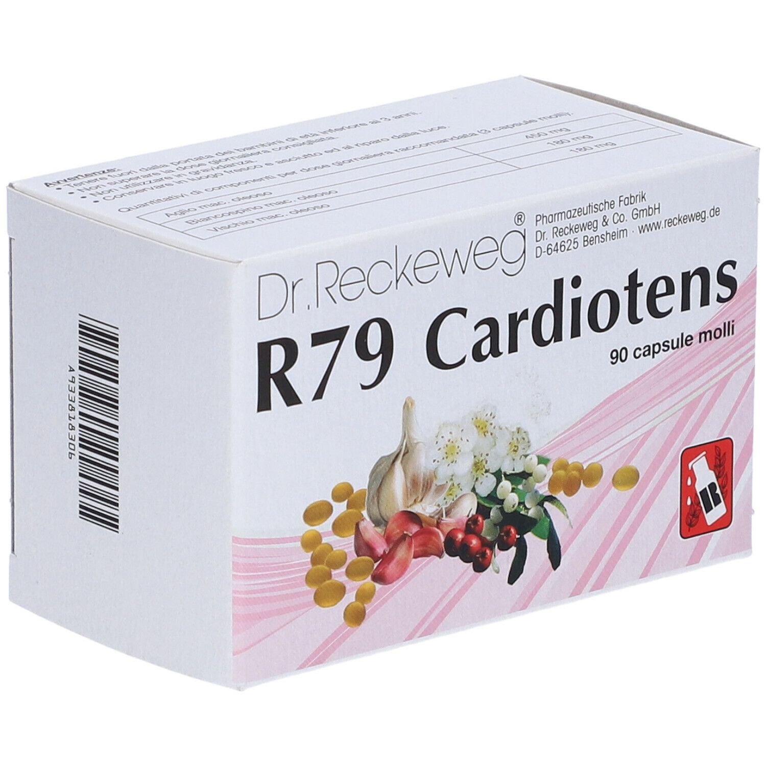 Scatola "Dr. Reckeweg R79 Cardiotens". Vista laterale con testo e logo. 90 capsule molli.