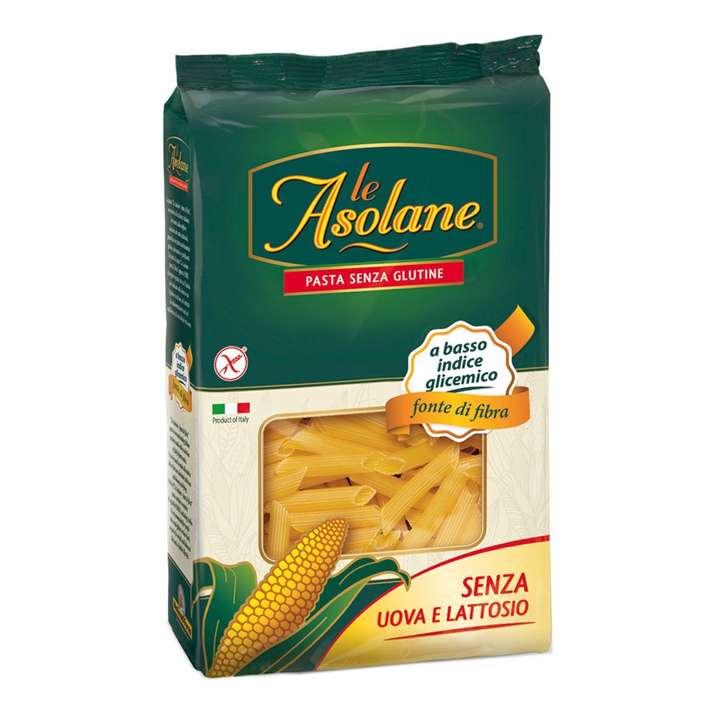 Confezione di pasta Penne. Finestra con pasta. Testo: « Le Asolane », « Pasta senza glutine », « Fonte di fibra ».
