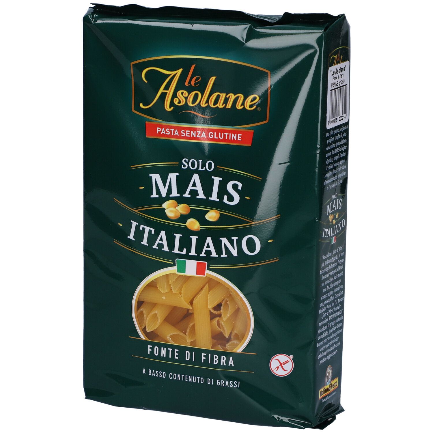 Confezione di pasta Penne. Testo: « Le Asolane », « Pasta senza glutine », « Solo Mais Italiano », « Fonte di fibra ».