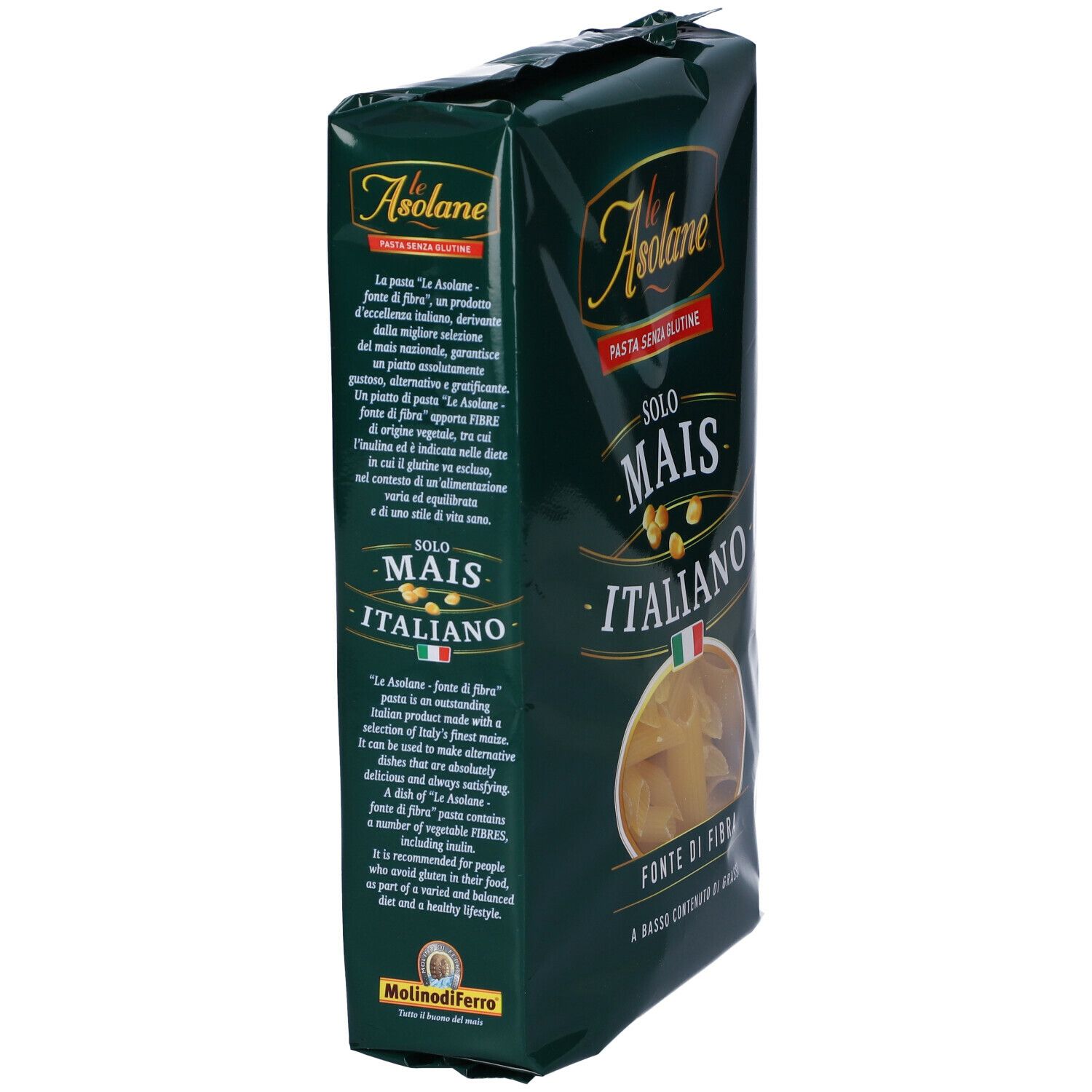 Confezione di pasta Penne. Vista laterale. Testo: « Le Asolane », « Pasta senza glutine », « Solo Mais Italiano », « Fonte di fibra ».