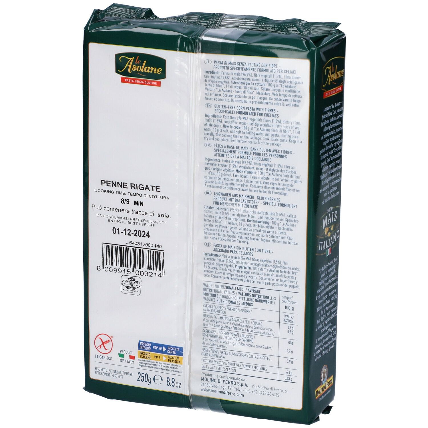 Retro della confezione di pasta Penne. Testo: « Penne Rigate », informazioni nutrizionali, « 01-12-2024 », « 250g ». Simbolo senza glutine.