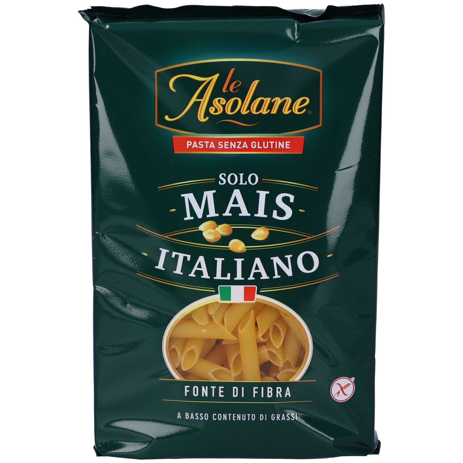 Confezione di pasta Penne. Testo: « Le Asolane », « Pasta senza glutine », « Solo Mais Italiano », « Fonte di fibra ».
