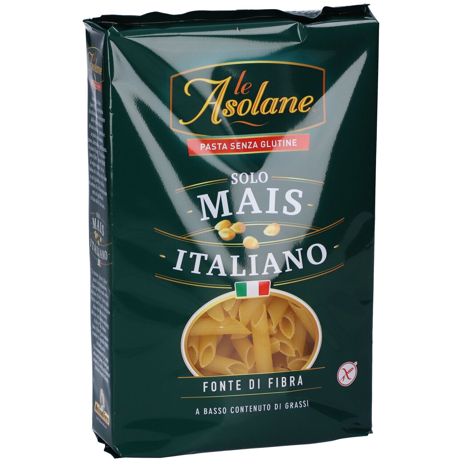 Confezione di pasta Penne. Vista laterale. Testo: « Le Asolane », « Pasta senza glutine », « Solo Mais Italiano », « Fonte di fibra ».