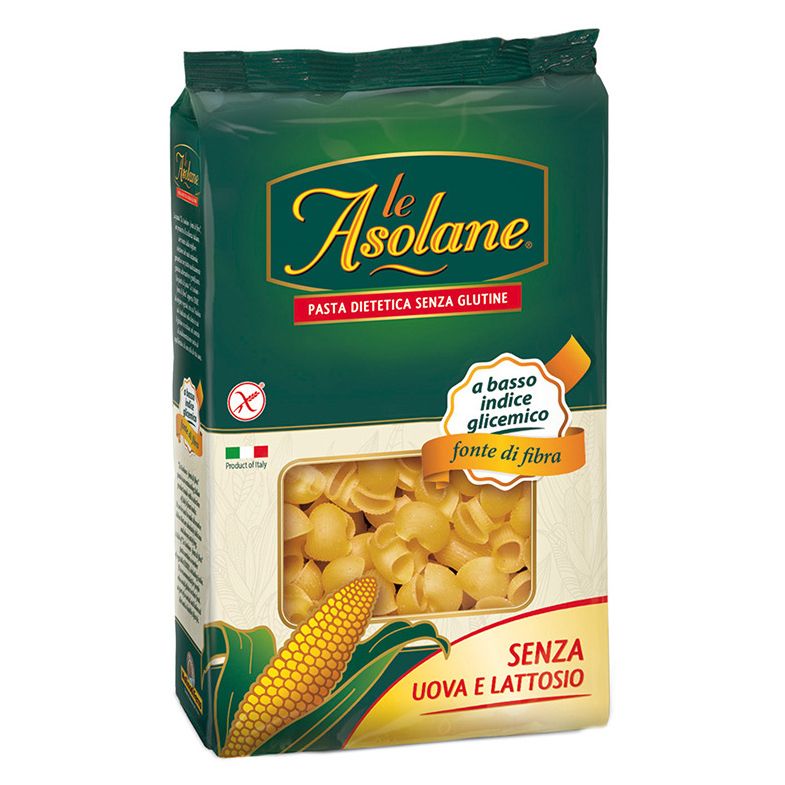 Confezione di pasta Le Asolane. Pasta senza glutine con mais e fibre. Senza uova e lattosio.