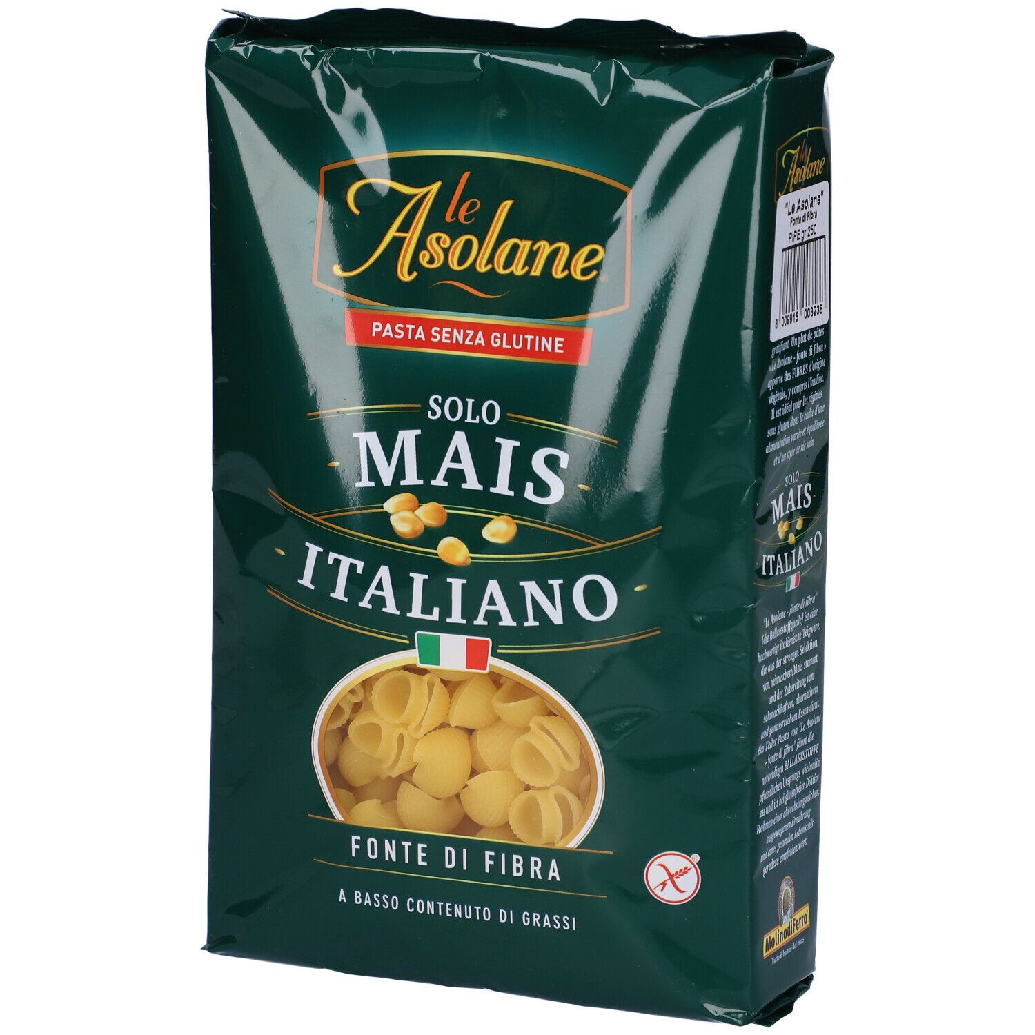 Confezione di pasta Le Asolane. Pasta senza glutine con mais e fibre. Bandiera italiana.