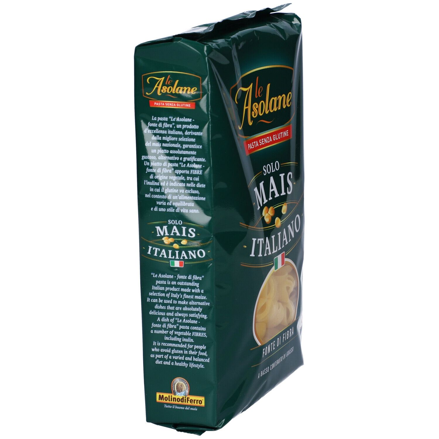 Confezione di pasta Le Asolane. Pasta senza glutine con mais e fibre. Bandiera italiana.