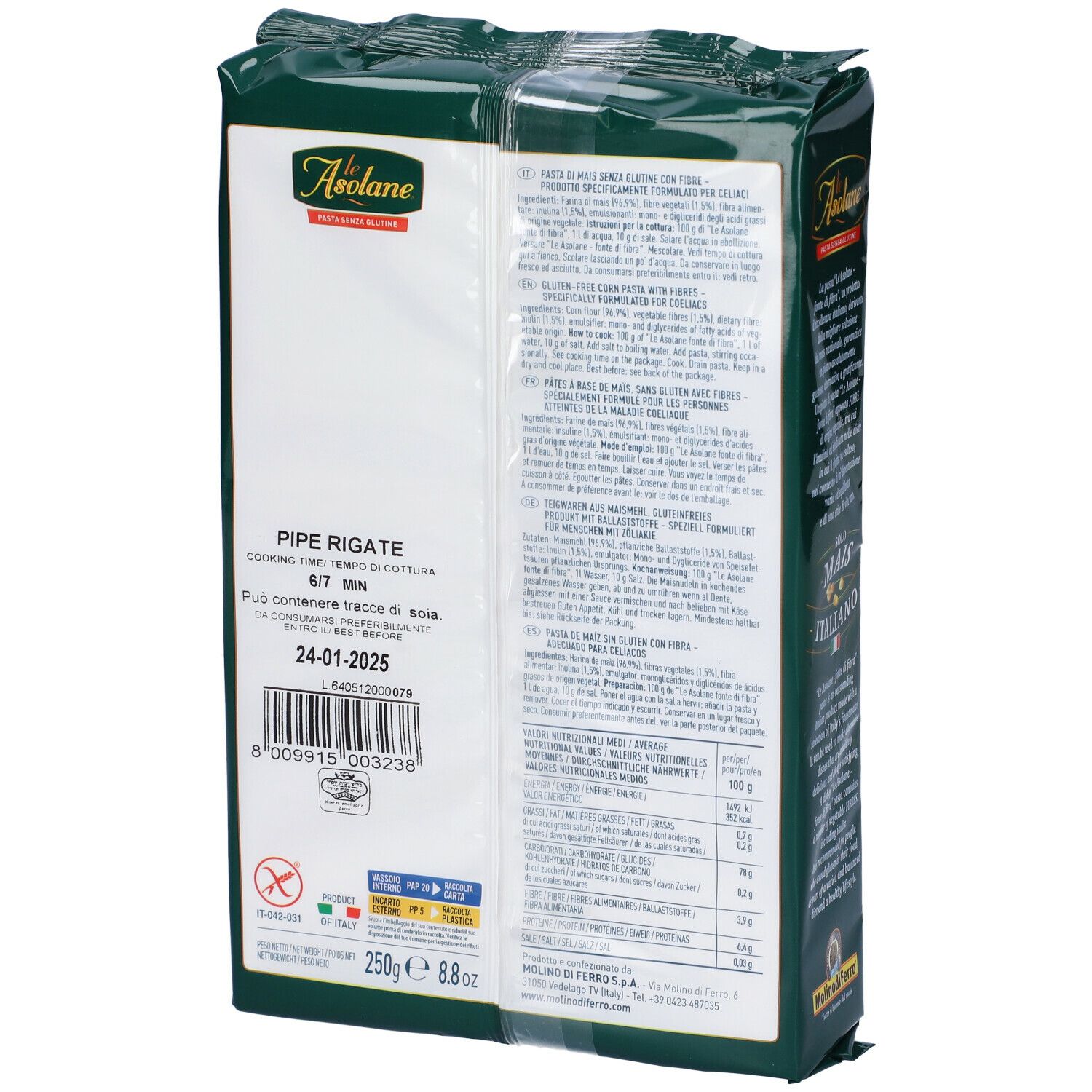Retro della confezione di pasta Le Asolane. Informazioni nutrizionali e ingredienti. Data di scadenza.