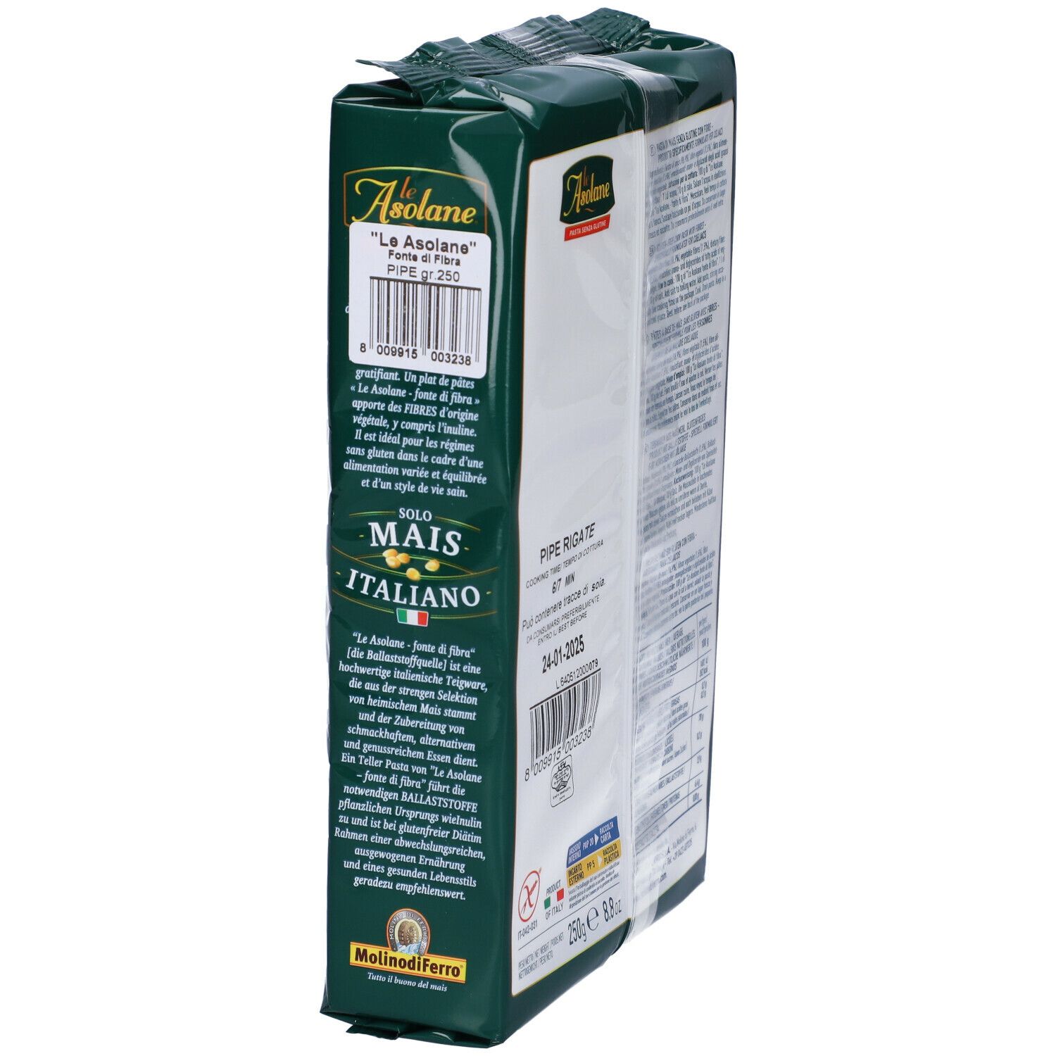 Retro della confezione di pasta Le Asolane. Informazioni nutrizionali e ingredienti. Data di scadenza.