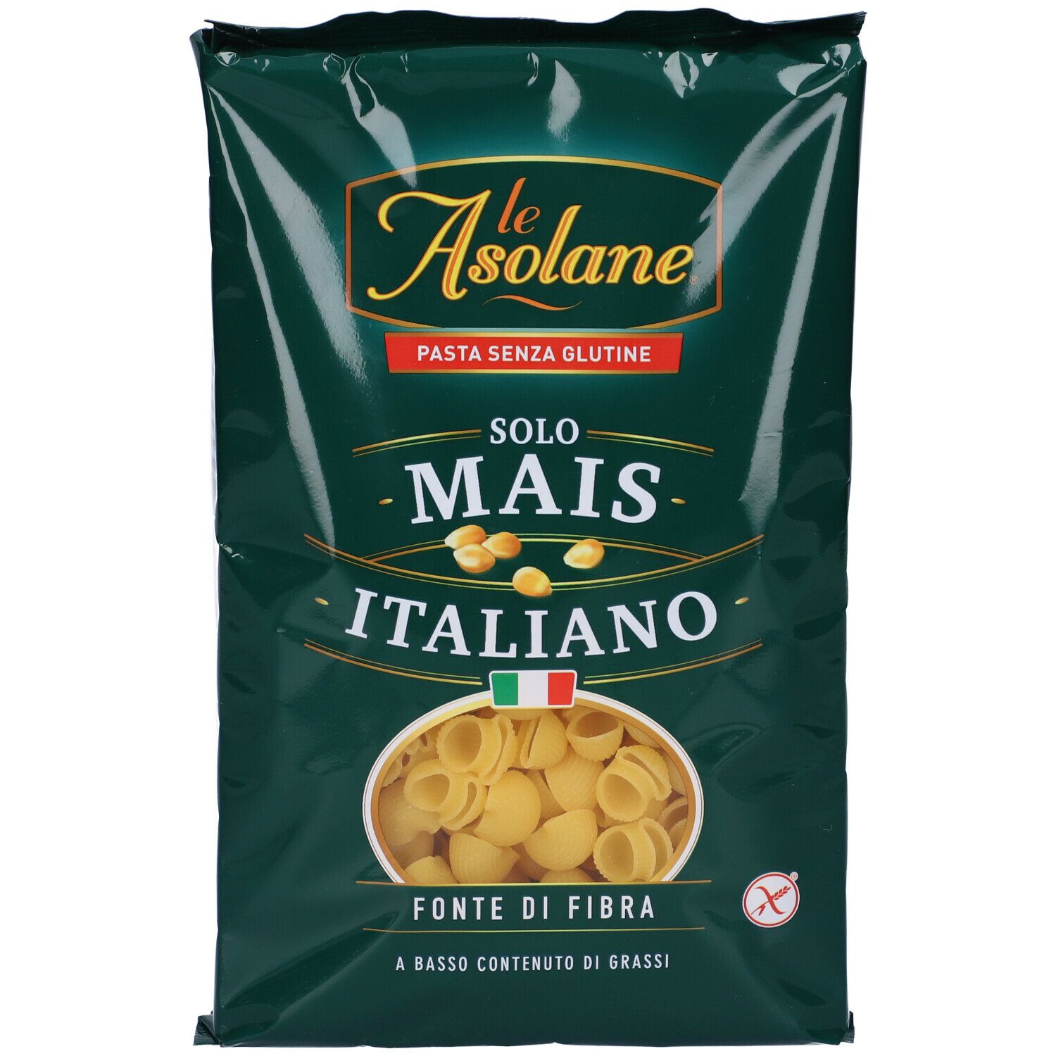 Confezione di pasta Le Asolane. Pasta senza glutine con mais e fibre. Bandiera italiana.