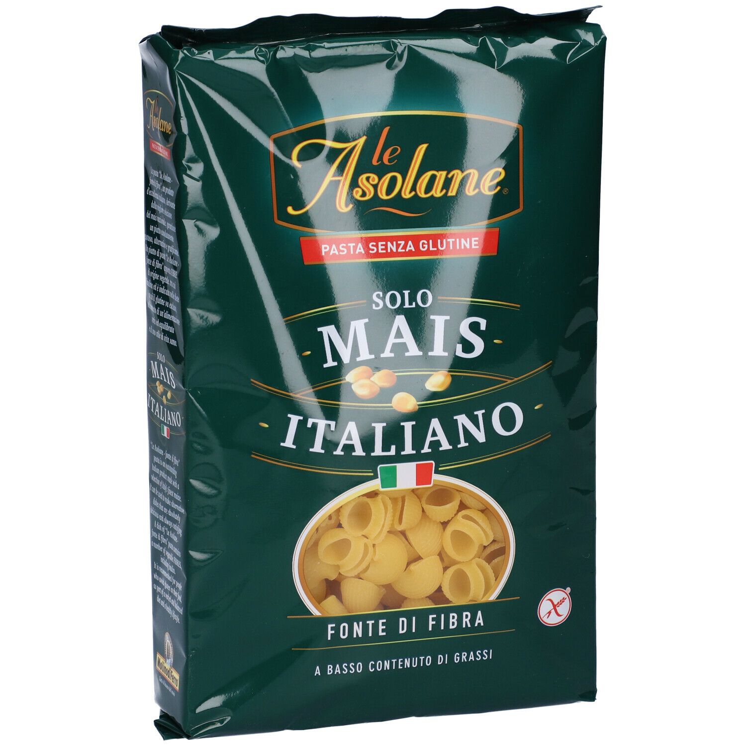 Confezione di pasta Le Asolane. Pasta senza glutine con mais e fibre. Bandiera italiana.