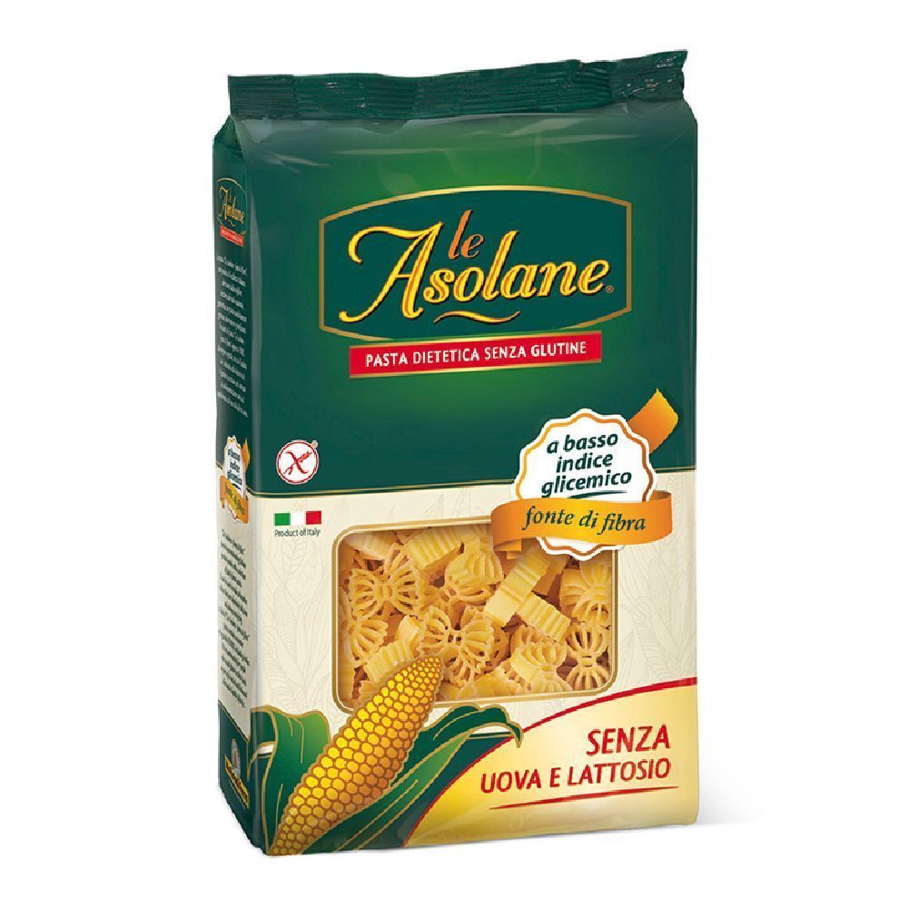 Confezione di pasta Farfalle. Visibile: mais, senza glutine, senza uova e lattosio. Bandiera italiana e logo.