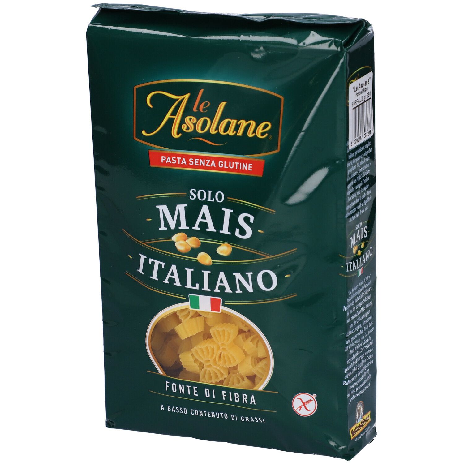 Confezione di pasta Farfalle. Scritta: mais, italiano, senza glutine. Bandiera italiana e logo.