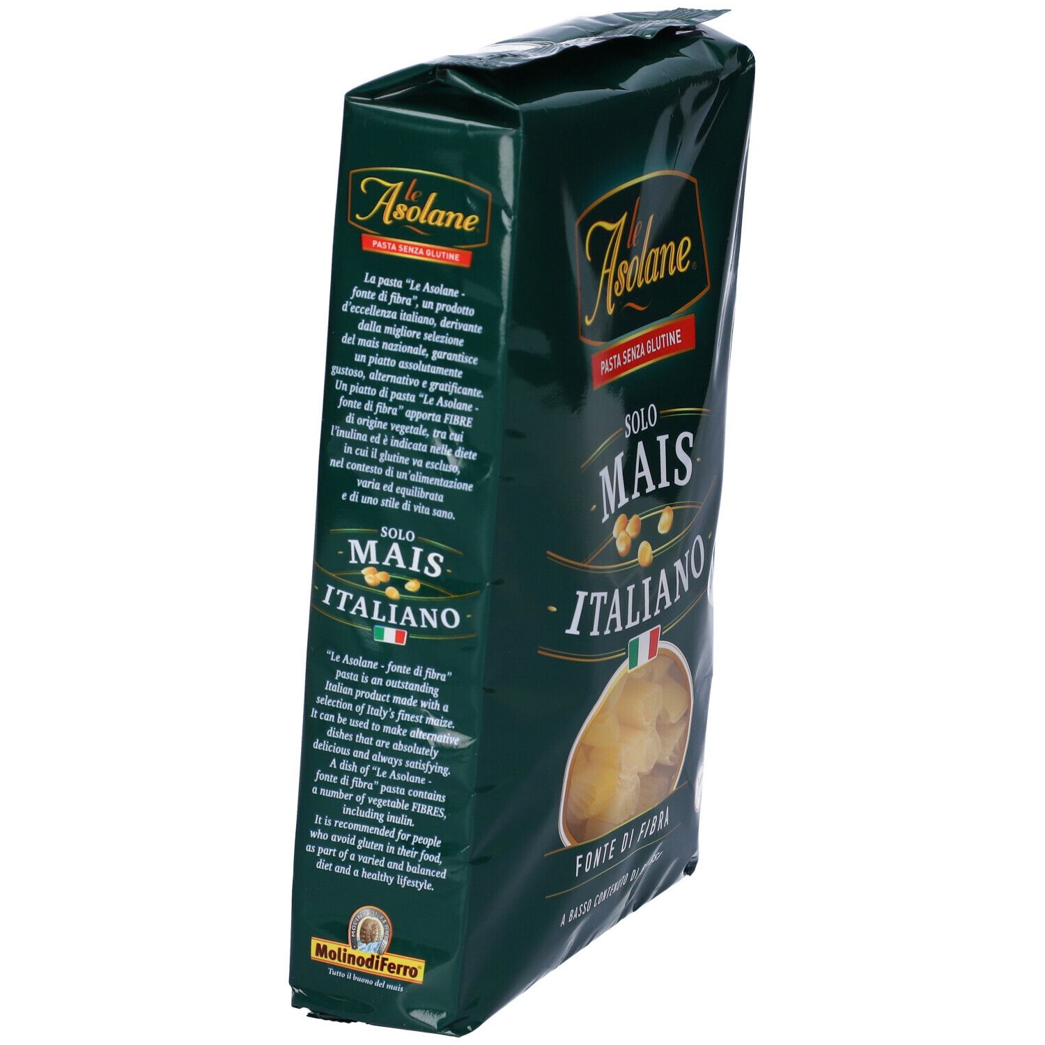 Confezione di pasta Farfalle. Scritta: mais, italiano, senza glutine. Bandiera italiana e logo.