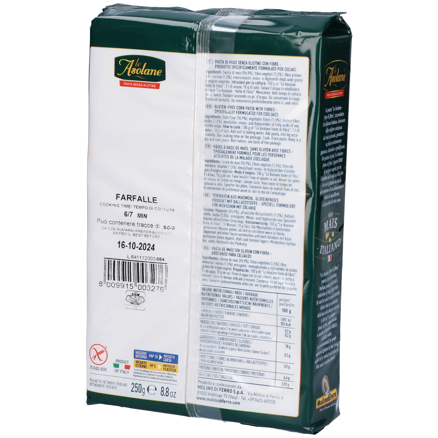 Retro della confezione di pasta Farfalle. Testo, informazioni nutrizionali, ingredienti. Simbolo senza glutine e scadenza.