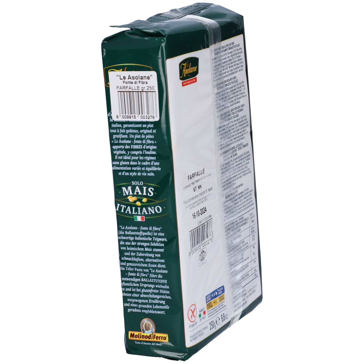 Vista obliqua della confezione di pasta Farfalle. Testo, informazioni nutrizionali, ingredienti. Simbolo senza glutine e scadenza.