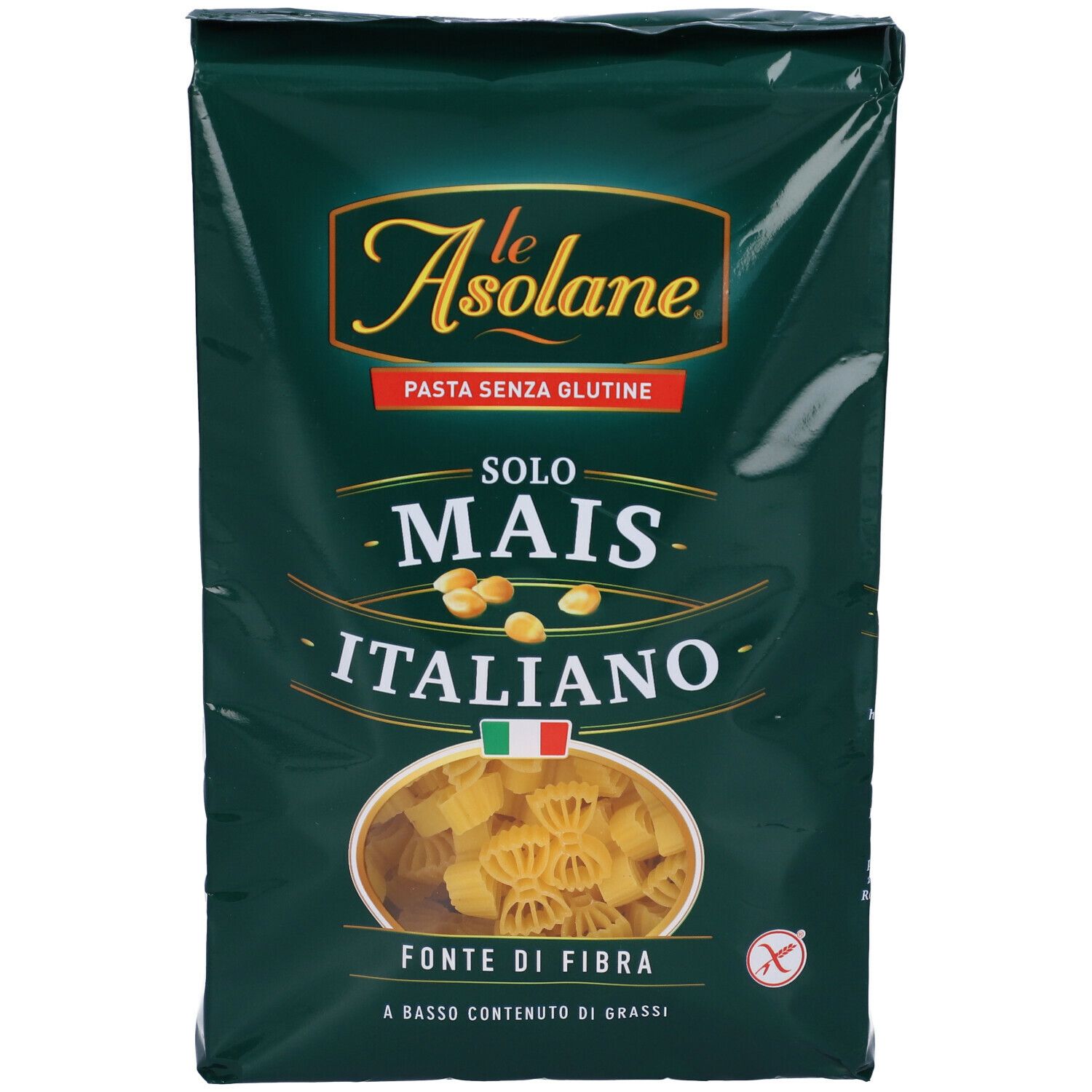Confezione di pasta Farfalle. Scritta: mais, italiano, senza glutine. Bandiera italiana e logo.