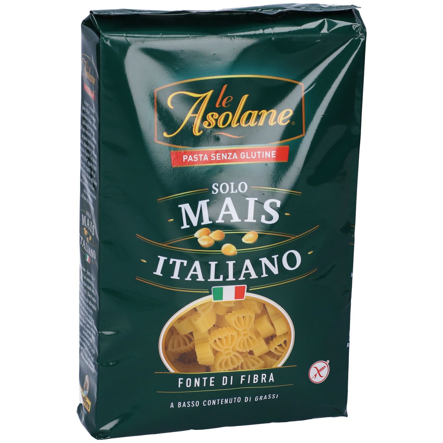 Confezione di pasta Farfalle. Scritta: mais, italiano, senza glutine. Bandiera italiana e logo.
