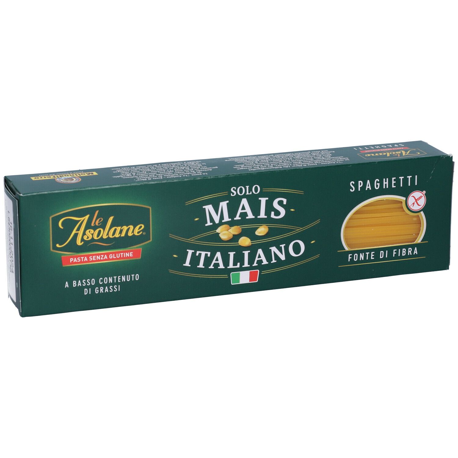 Confezione spaghetti Le Asolane. Mais italiano, senza glutine. Fonte di fibre. Confezione verde.