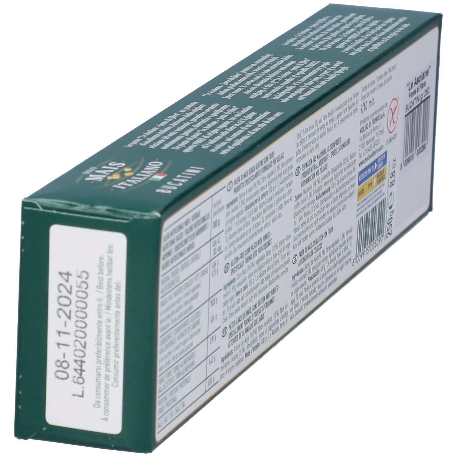 Vista obliqua del retro della confezione verde di pasta. Testo con informazioni nutrizionali e lista ingredienti. Data di scadenza.