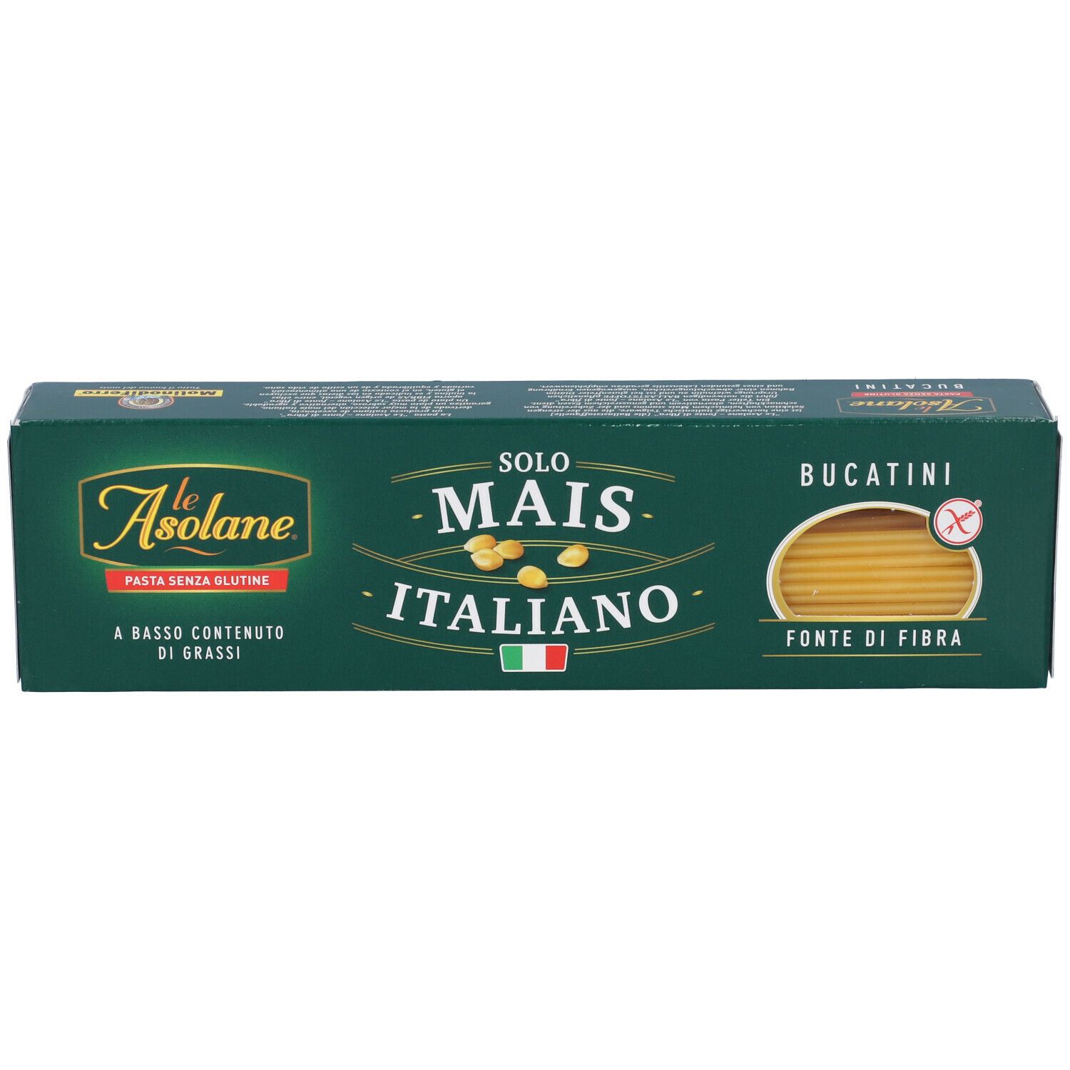 Confezione verde di pasta Bucatini. Scritte: le Asolane, Mais Italiano, senza glutine. Immagine della pasta.
