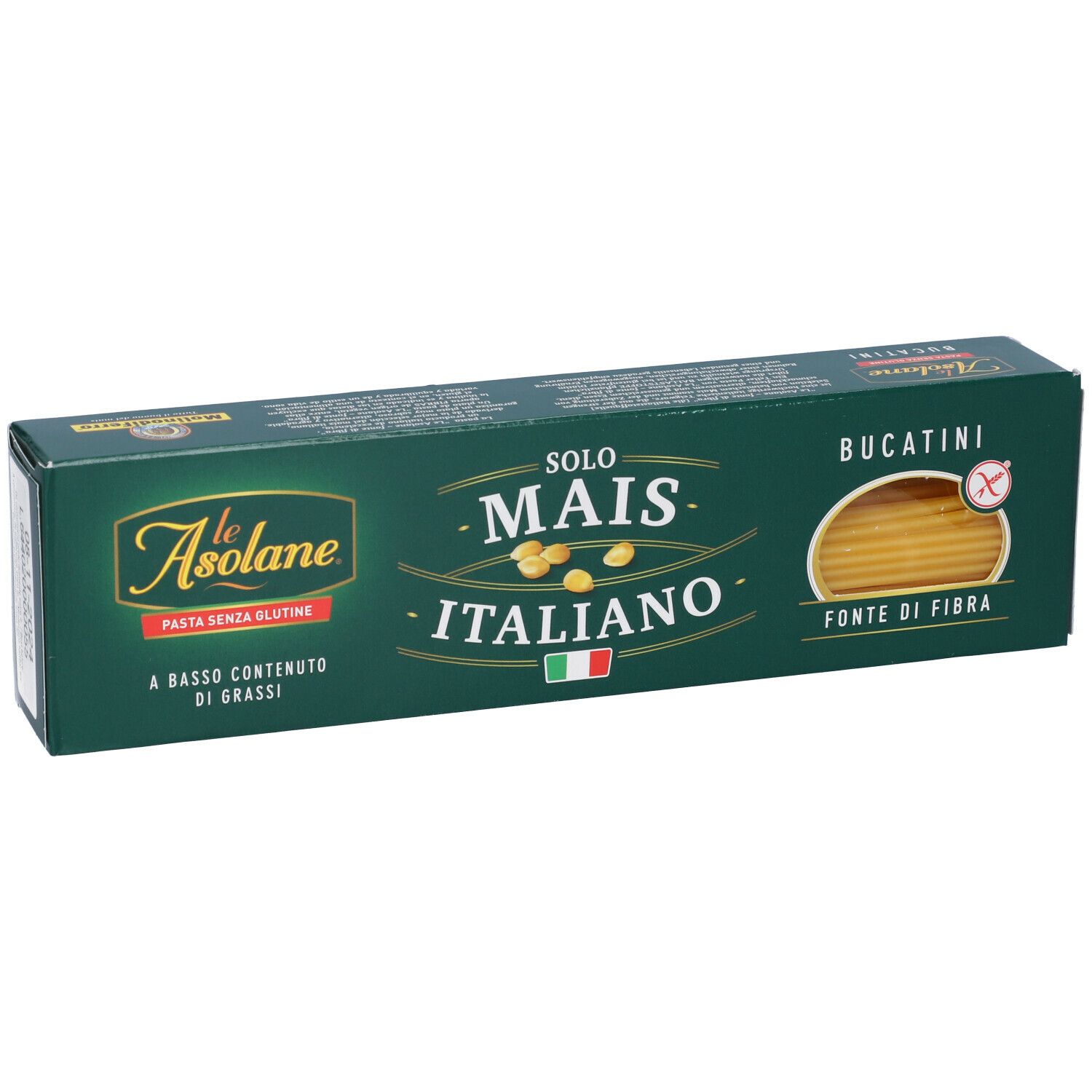 Confezione verde di pasta Bucatini. Scritte: le Asolane, Mais Italiano, senza glutine. Immagine della pasta.