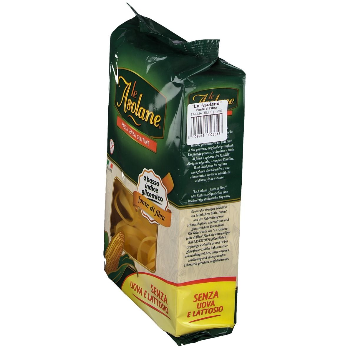 Verpackung von le Asolane® Pasta s/glutine Tagliatelle. Seitenansicht. Glutenfrei, ohne Ei und Laktose. Text und Barcode sichtbar.