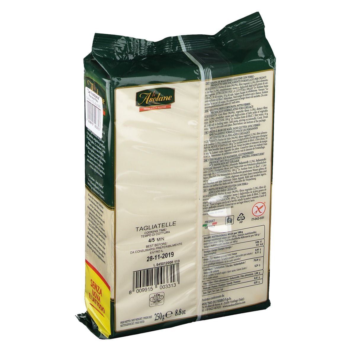 Rückseite der Verpackung von le Asolane® Pasta s/glutine Tagliatelle. Text, Nährwertangaben und Glutenfrei-Symbol sichtbar.