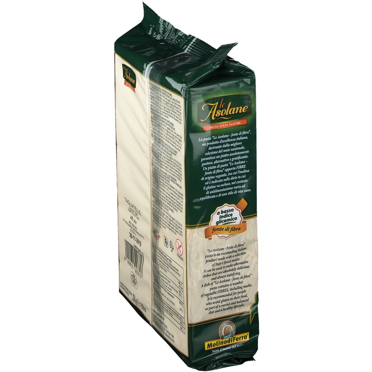 Seitenansicht der Verpackung von le Asolane® Pasta s/glutine Tagliatelle. Text, Glutenfrei-Symbol und Maiskolben sichtbar.