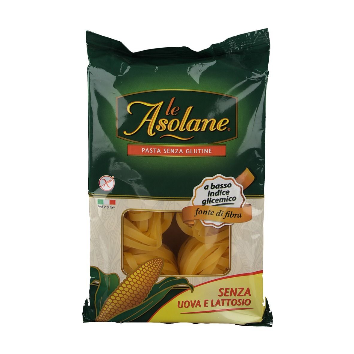 Verpackung von le Asolane® Pasta s/glutine Tagliatelle. Glutenfrei, ohne Ei und Laktose. Sichtbar: Tagliatelle-Nudeln, Maiskolben.