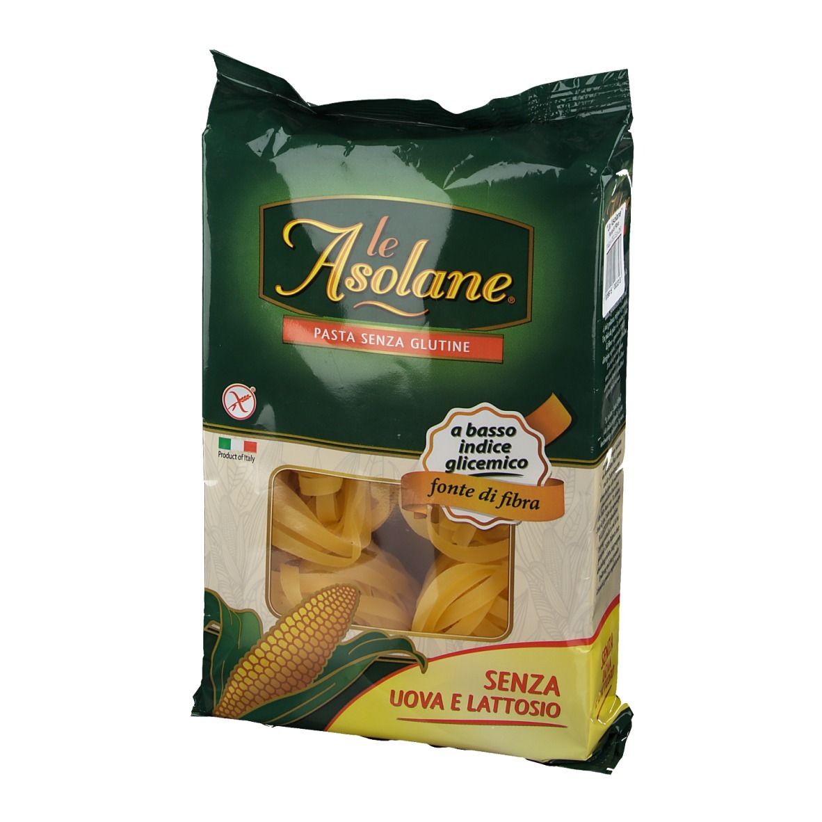 Verpackung von le Asolane® Pasta s/glutine Tagliatelle. Glutenfrei, ohne Ei und Laktose. Sichtbar: Tagliatelle-Nudeln, Maiskolben.