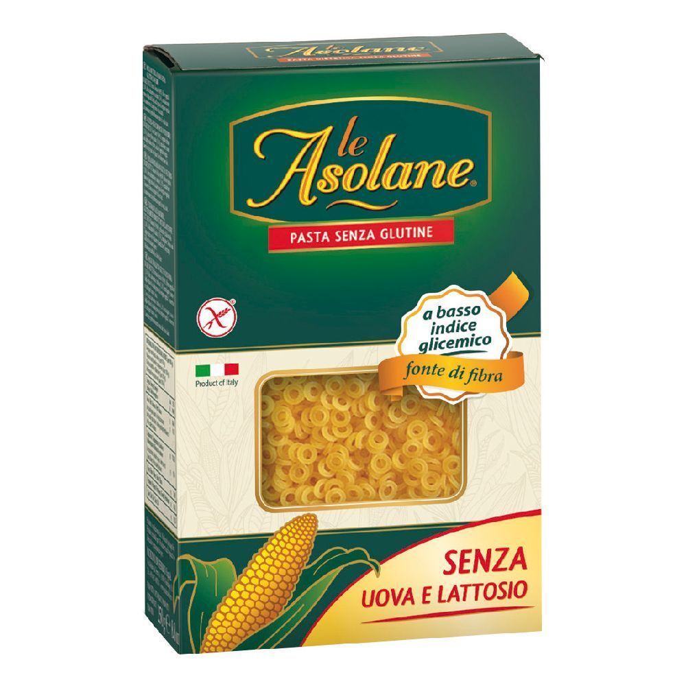 Scatola verde con pasta a forma di anelli. Testo: Le Asolane, Pasta senza glutine, a basso indice glicemico, fonte di fibra, senza uova e lattosio.